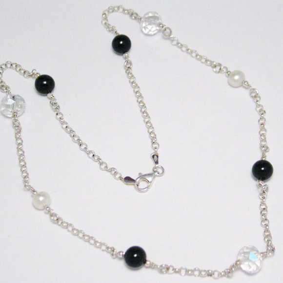 Rolo Chain Crystal Pearl Station Necklace Sterling - Picture 2 of 4